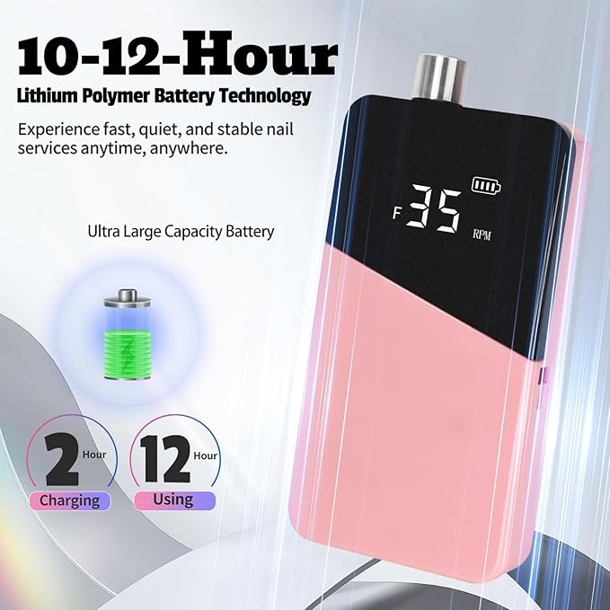 Electric Nail Drill Machine 35000RPM Professional Portable Nail File Cordless Rechargeable Nail Efile for Acrylic Gel Nails Manicure Pedicure Polishing Shape Tools for Salon (Pink)