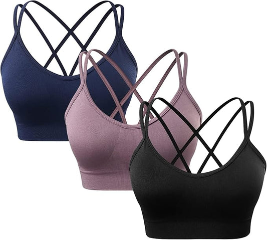 Women's Cross Back Sports Bra Padded Strappy Medium Support Yoga Bra for Workout Fitness 3 Pack