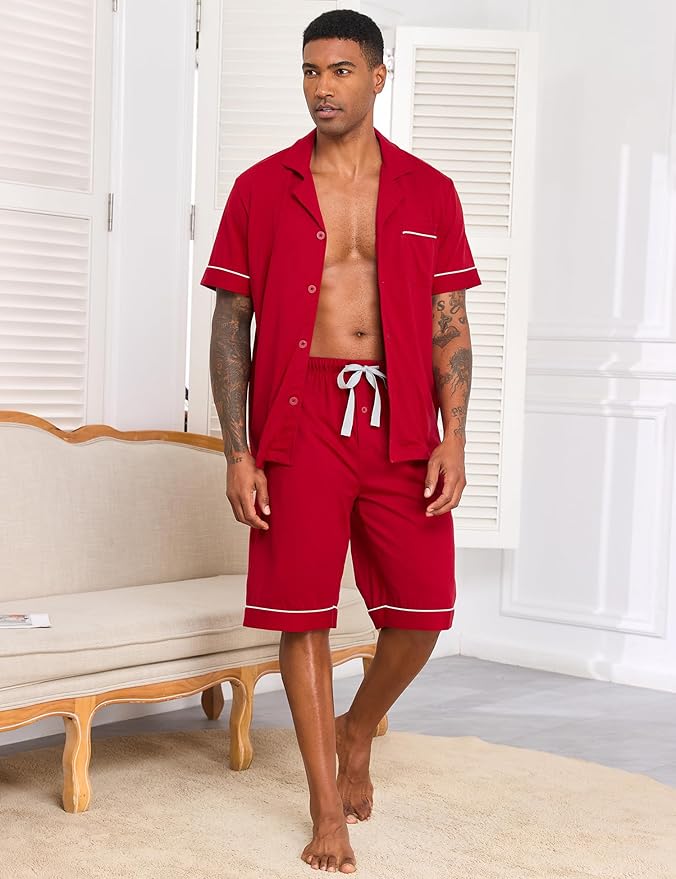 COLORFULLEAF Men's 100% Cotton Short Sleeve Pajama Sets Button Down Notched Collar Sleepwear Soft Lounge Pjs with Pockets