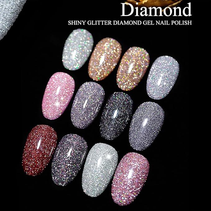 MIZHSE Reflective Glitter Gel Nail Polish, Holographic Glitter Gel Polish Set Sparkly Shiny Bling Nail Polish Soak Off UV/LED Nail Art Manicure Kit