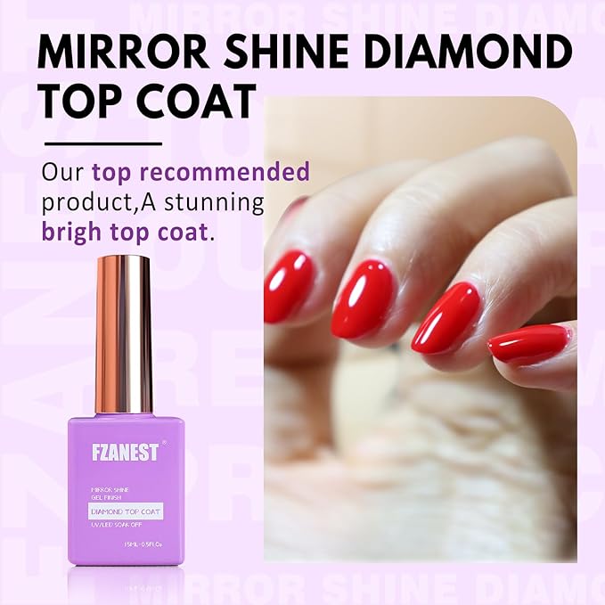 FZANEST Gel Top Coat 2 * 15ML No Wipe Diamond Top Coat Gel Nail Polish Clear High Glossy Mirror Shine Chrome Finish UV LED Long Lasting No Chipping Yellowing Salon Quality Home Use Beauty Gift