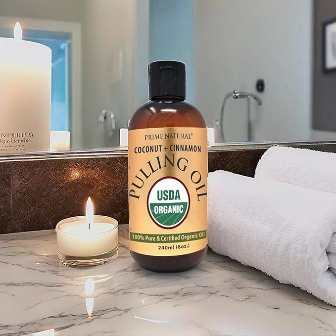 PRIME NATURAL Oil Pulling with Organic Coconut & Organic Cinnamon Bark Oil 8oz - Natural Oral Care & Teeth Whitening - Alcohol Free Mouthwash Freshens Breath, Healthier Teeth & Gums