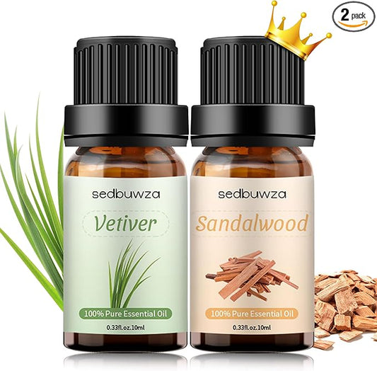 Sedbuwza Sandalwood Vetiver Essential Oil Set, Sandalwood Fragrance Oil Vetiver Scent Oil Set for Diffuser, Aromatherapy, Massage, Soap, Candle Making 2 x 10 ml