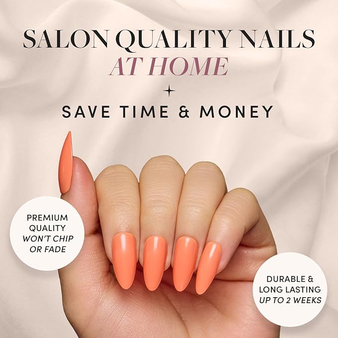 Glamnetic Press On Nails - Soft Tangerine | Medium Almond Orange Fake Nails with Glossy Finish, Salon Quality | 15 Sizes - 30 Nail Kit with Glue