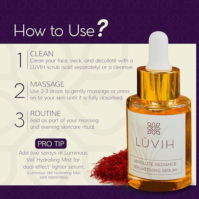 LUVIH Absolute Radiance Face Serum with Saffron & Licorice – Ayurvedic Brightening & Dark Spot Corrector for Pigmentation, Sun Damage & Uneven Skin Tone – 30 mL