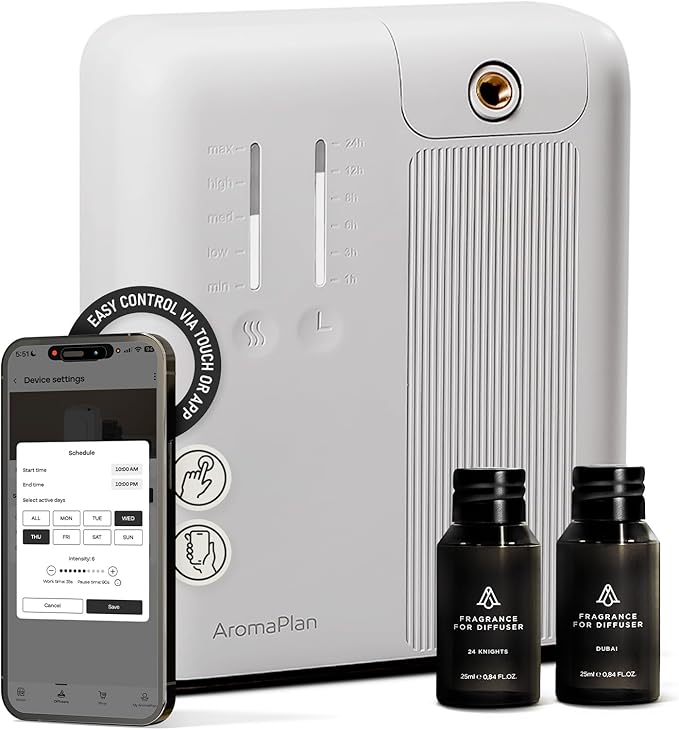 AromaPlan 2025 Waterless HVAC Scent Diffuser Whole House & Commercial Diffuser, 2 Fragrances Included-Smart, Cold-Air Waterless Scent Air- App Control, AC, 2000 Sq. Ft Coverage,White