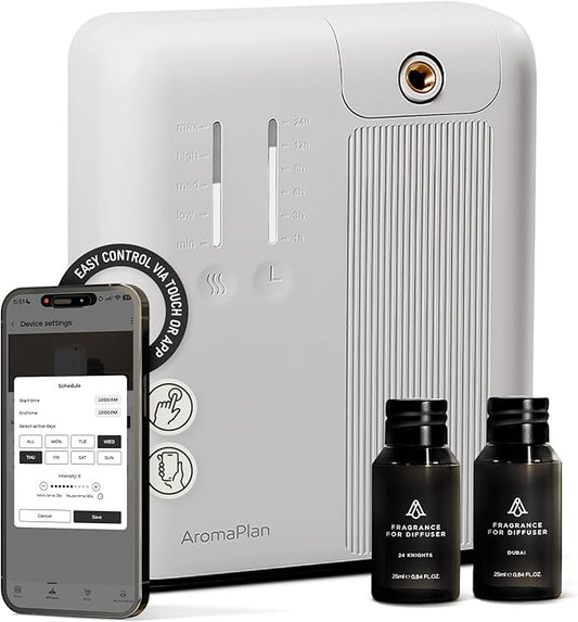 AromaPlan 2025 Waterless HVAC Scent Diffuser Whole House & Commercial Diffuser, 2 Fragrances Included-Smart, Cold-Air Waterless Scent Air- App Control, AC, 2000 Sq. Ft Coverage,White