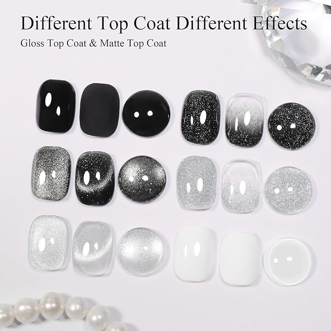 10ml Hema Free Gel Nail Polish Set, 6 Colors Cat Eye Black White Gray Silver Glitter Shimmer Gel Polish Kit with Magnet Sparkle Galaxy Series Soak Off Manicure for Salon and Nail Art DIY
