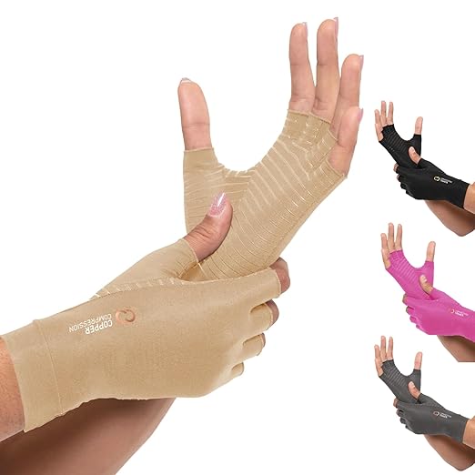 Copper Compression Arthritis Gloves | Fingerless Arthritis Carpal Tunnel Pain Relief for Men & Women | Hand Support Wrist Brace for Neuropathy, Rheumatoid, Tendonitis, Swelling, Crocheting Nude (S)