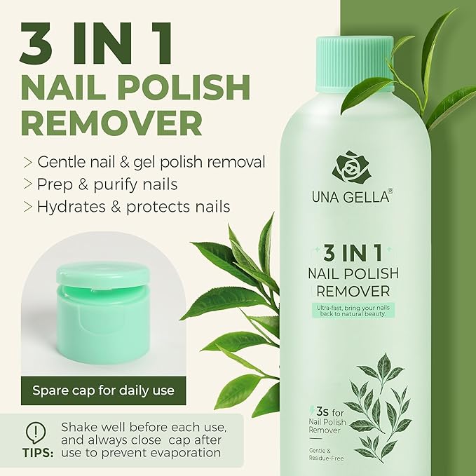 UNA GELLA Nail Polish Remover, Soak Off Acetone Polish Remover For Nails With Easy Use Cap, Healthy Formula Works For Nail Glue 8 Fl Oz, Green Tea Scent