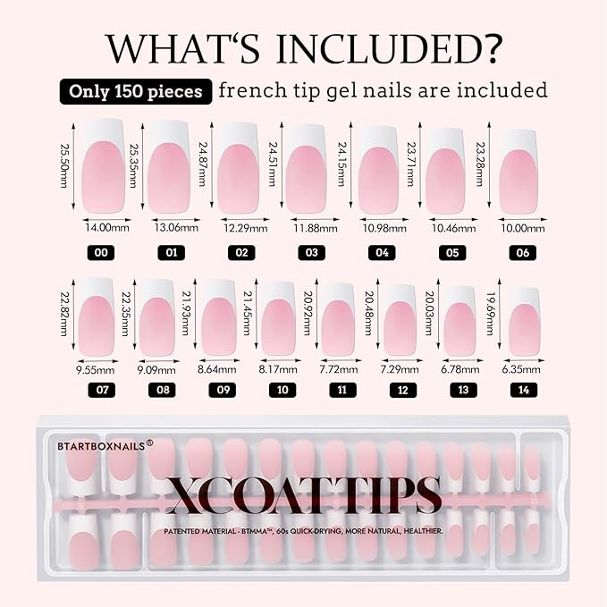BTArtboxnails French Tip Press on Nails - XCOATTIPS White French Tip Nails, Pink Long Square Nail Tips, Soak Off Acrylic Fake Nails Extensions