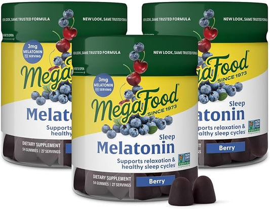 MegaFood Melatonin Gummies - Melatonin 3mg per Serving to Help Relax & Fall Asleep – Sleep Gummies for Adults - Berry Flavor, Non-GMO, Certified Vegan - 54 Count (27 Servings) 3 Pack