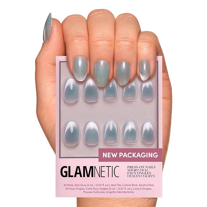 Glamnetic Press On Nails - Unicorn Tears | Short Oval, Misty-Grey Nails with a Mesmerizing Metallic Finish | 15 Sizes - 30 Nail Kit with Glue
