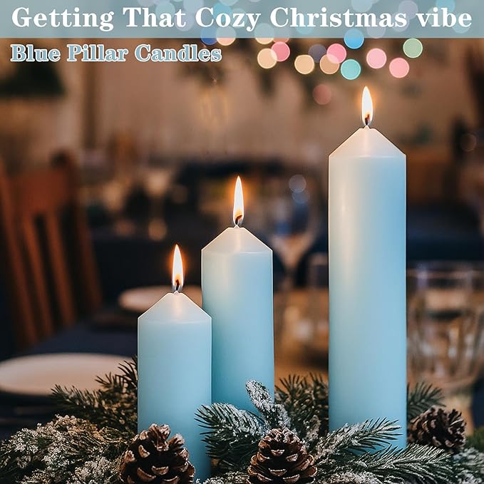 36 Pcs Blue Pillar Candles Bulk Set，Hurricane Candles，3 Different Lengths (12 Each)，Dripless Unscented Smokeless，Gives You a Better Atmosphere When Organizing Wedding or Event Party.