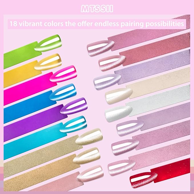 MTSSII Jelly Cat Eye Gel Nail Polish Set 18PCS, Neon Moonlight Glass Crystal Magnetic Gel Polish Pink Purple Red Blue Yellow Colors Nail Polish with Magnet Soak Off UV Art Gift for Women Girls