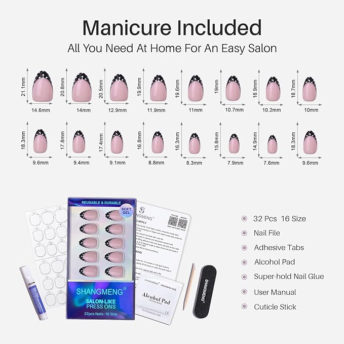 Black French Tip Press on Nails Short - Polka Dots, Soft Gel Almond Press on Nails for Women, Seamless Fit Glue on Nails in 16 Sizes - 32 Reusable Fake Nails Kit with Glue