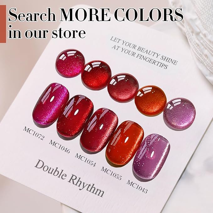 Double Rhythm 0.5 OZ Cat Eye Gel Polish with Magnet 15ML Holographic Glitter Shimmer Translucent Jelly Color Magnetic Nail Polish Salon DIY at Home (Red-MC1055)