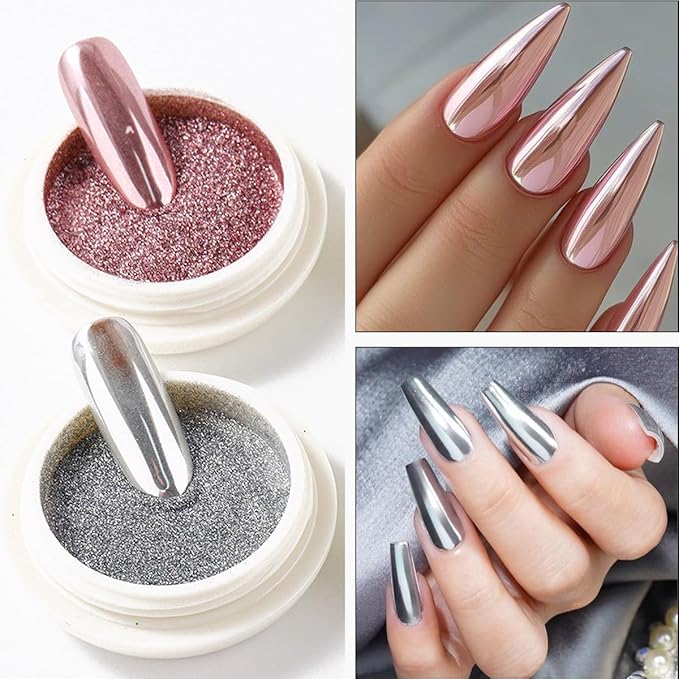 Chrome Nail Powder Set, 6 Colors Metallic Gold Silver Rose Pink White Mirror Nail Powder, Holographic Aurora Nail Glitter Pigment Nail Decoration