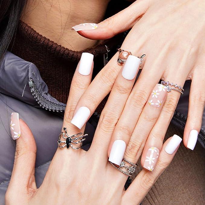 GLAMERMAID White Press on Nail Medium Square, Jelly Nude Soft Gel Nails Square Fake Nail with Flowers Design, Glossy Stick Glue 0n Nail Kit for Women, Reusable Stick on Acrylic Fake Nail Manicure Set