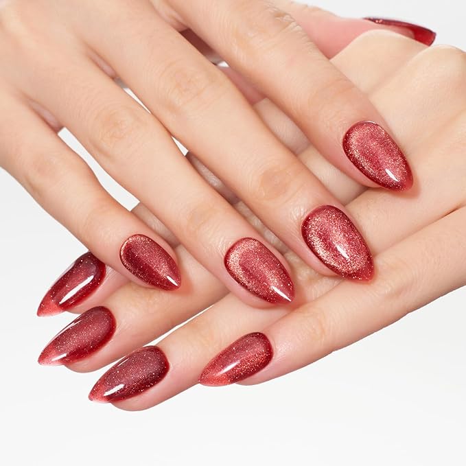 GLAMERMAID Bright Red Magnet Cat Eyes Press on Nails Short Almond, Amber Scarlet Handmade Gel Fake Nail Kit, Ombre Glitter Magnetic Glue on Nail Stiletto, Medium Oval Stick on False Nail Set for Women