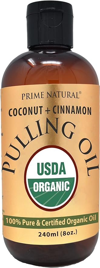PRIME NATURAL Oil Pulling with Organic Coconut & Organic Cinnamon Bark Oil 8oz - Natural Oral Care & Teeth Whitening - Alcohol Free Mouthwash Freshens Breath, Healthier Teeth & Gums