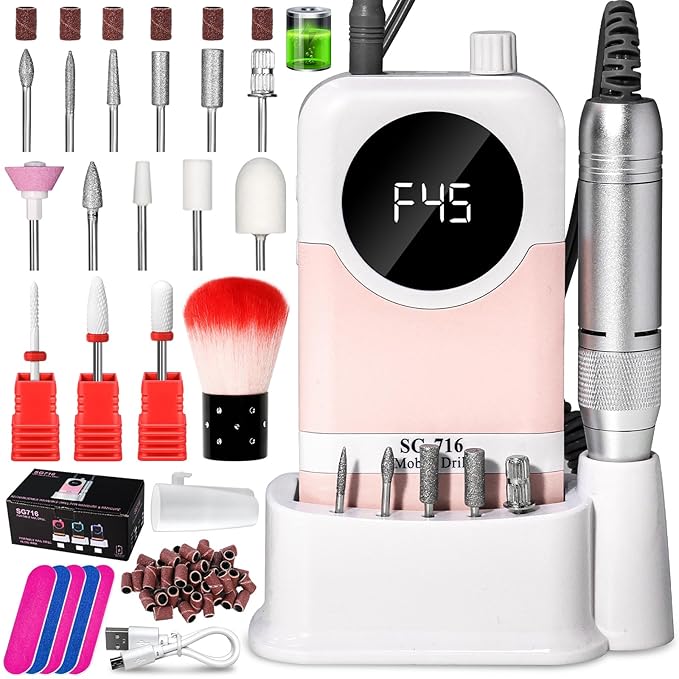 LIMEGIRL Professional Electric Nail Drill Kit 45000RPM Portable Cordless Toenail Cordless Toenail Machine with 14 Drill Bits and Base for Women (Pink)