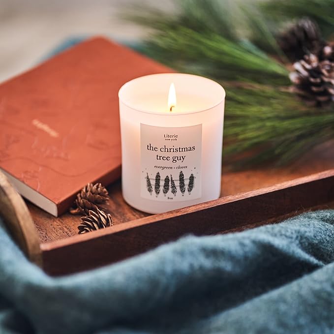 Literie NYC Inspired Scented Candle: The Christmas Tree Guy - Evergreen & Cloves Scent, 9oz, 50 Hour Burn, Vegan Soy & Coconut Blend Candle for Home Decor, Gift for Women & Men