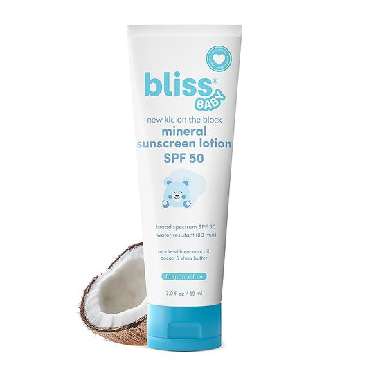 Bliss Baby Sunscreen, Premium SPF 50 Sunscreen Mineral Lotion, Natural Zinc Oxide, Hypoallergenic, Non-toxic, Water-Resistant, Vegan, Sensitive Skin - For Babies, Toddlers, Kids & Whole Family