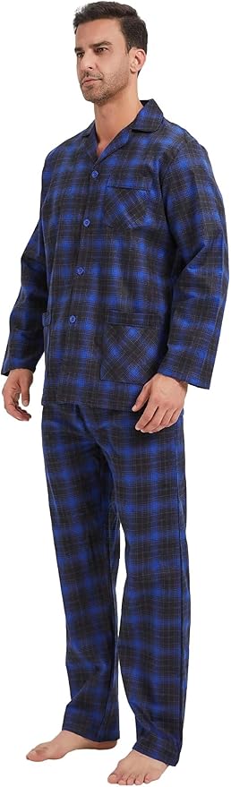 GLOBAL Men's Pajamas Sets 100% Cotton Flannel Sleepwear Long-Sleeve top & Bottom