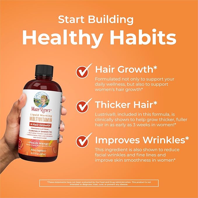 MaryRuth Organics Liquid Multivitamin+Hair Growth | Biotin 10000mcg | Lustriva Hair Growth Supplement | Clinically Tested in Women for Thicker Hair&Facial Wrinkle | Skin Care | Ages 18+ | 15.22 Fl Oz