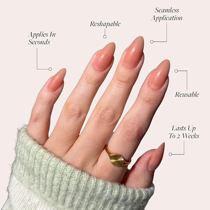 Glamnetic Press On Nails - Sheer Peach | Medium Almond Fake Nails, Sheer Peach Pink Neutral, Salon Quality | 15 Sizes - 30 Nail Kit Wtih Glue