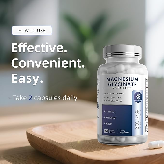 Magnesium Glycinate 850mg Capsules with L-Theanine, Chamomile & GABA for Sleep, Calmness, Muscle, Bone Health & Immune Support, Magnesium for Women and Men, Vegan, High-Absorption, 120 Count