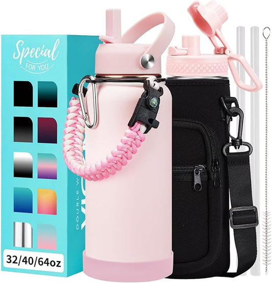 32/40/64 OZ Water Bottle with Straw - Spout Lid, Kepp Cold-48H Hot-24H, Insulated Water Bottles with Strap Carrier Bag, Paracord Handle, Protective Boot, Leakproof Metal