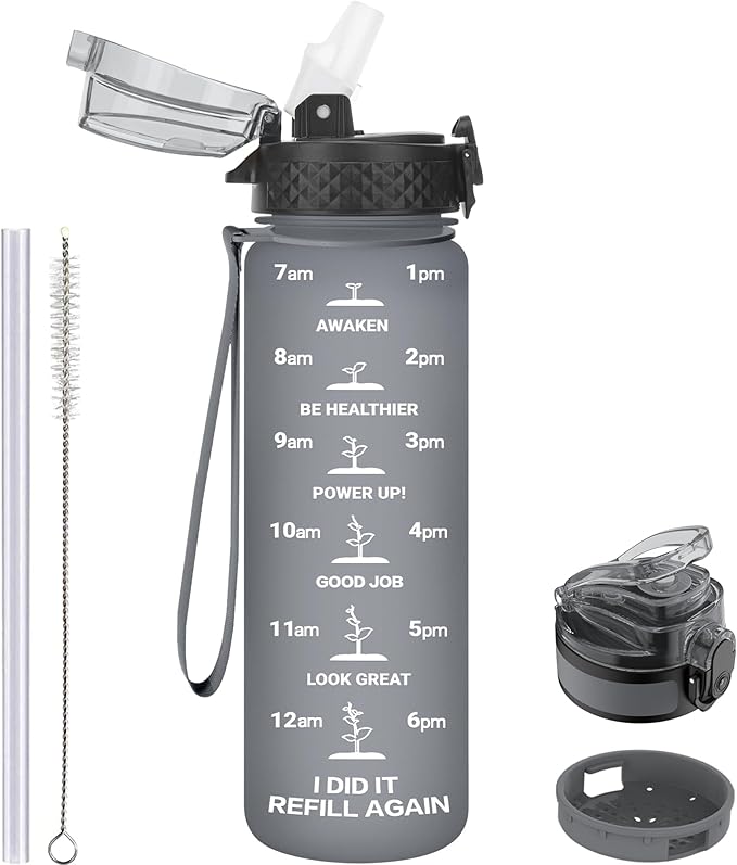 GOPPUS Kids Water Bottle with Straw Spout Lid 10pcs Stickers 17 oz Leak-proof BPA Free Motivational Time Marker Tritan Plastic Water Bottles for Girls Boys School Sports 2 Lids Grey