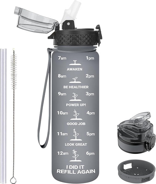 GOPPUS Kids Water Bottle with Straw Spout Lid 10pcs Stickers 17 oz Leak-proof BPA Free Motivational Time Marker Tritan Plastic Water Bottles for Girls Boys School Sports 2 Lids Grey