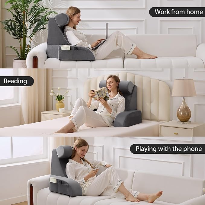 Reading Pillow for Sitting in Bed Adult, Back Pillow for Bed Sitting up, Backrest Pillow with Arms, Back Support Pillows for Gaming Lounging Watching TV, Large 21" Grey