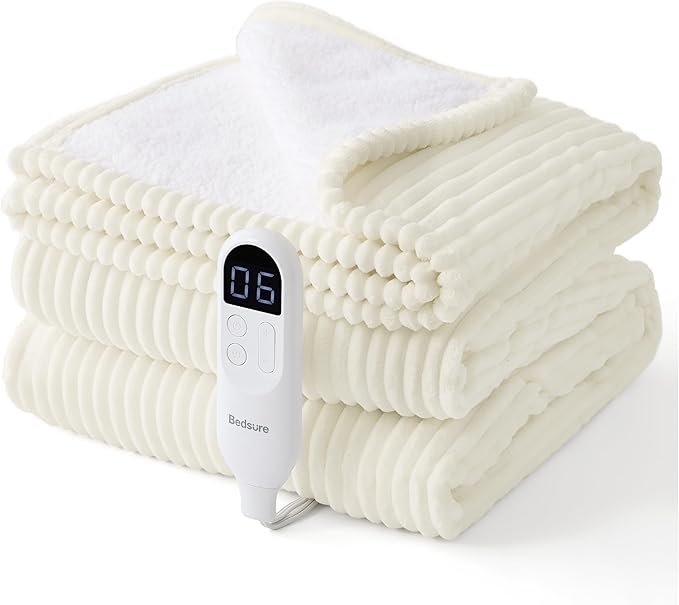Bedsure GentleSoft Electric Blanket Twin - Soft Ribbed Flannel Heated Blanket, Heating with 10 Time Settings, 6 Heat Settings, and 8 hrs Timer Auto Shut Off, Gifts for Grandma (62"x84", Coconut White)