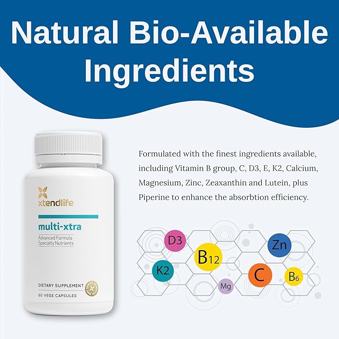 Xtendlife Multi-Xtra Multivitamin for Immune, Heart & Energy Support - 40+ Bioavailable Vitamins, Minerals, Antioxidants & Herbs - for Men, Women & Children - 30 Day Supply