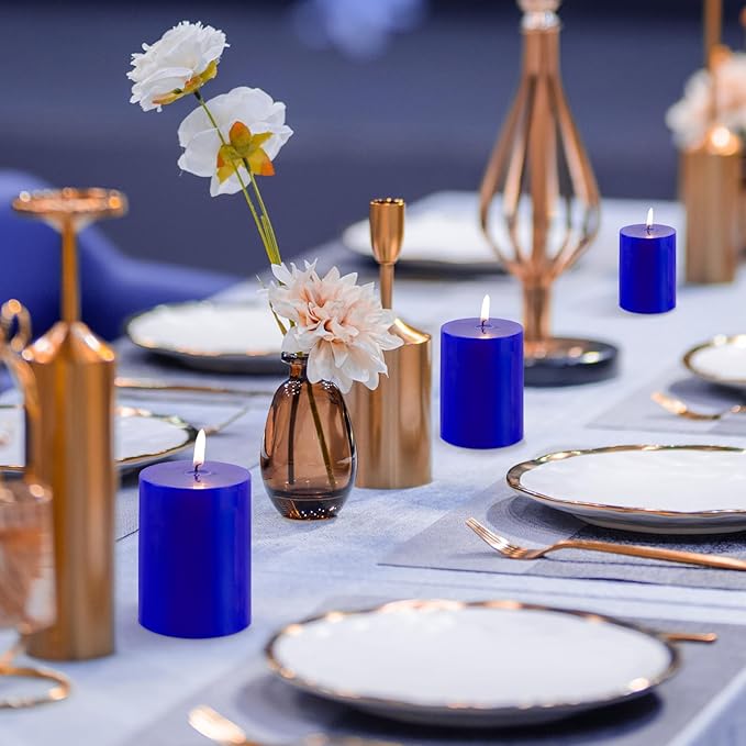 KONNI Classic Blue Pillar Candles Set of 3, 3"x 3" Unscented Pillar Candles Bulk, 30 Hours Long Burning Candles, Smokeless&Dripless Large Round Candle for Wedding, Home Decoration, Parties, Spas