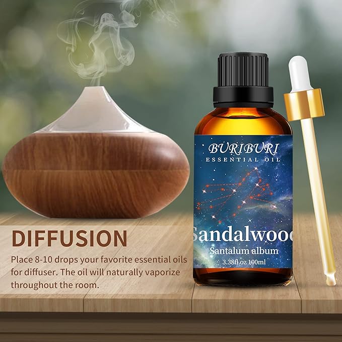 BURIBURI 100ML Sandalwood Essential Oil, 100% Pure Undiluted Aromatherapy Sandalwood Oil 3.38fl.oz for Soap, Candle Making, Massage, Diffuser, Humidifier