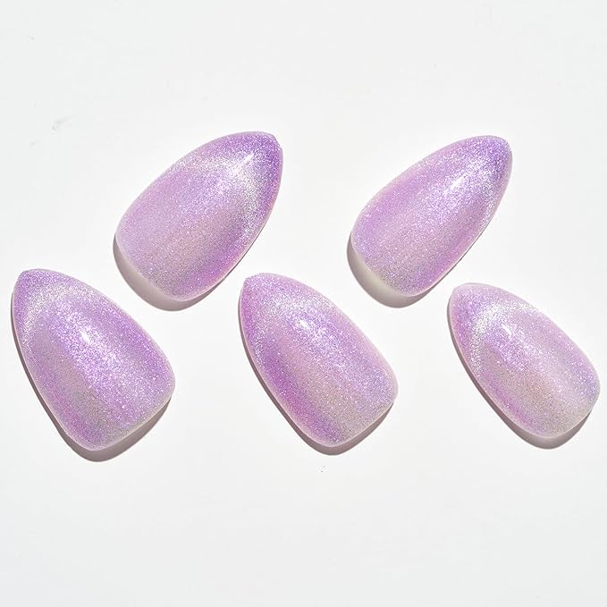 GLAMERMAID French Tip Magnet Cat Eyes Press on Nails Short Almond, Light Purple Handmade Jelly Gel Fake Nail, Ombre Glitter Magnetic Glue on Nail Stiletto, Medium Oval Stick False Nail Set for Women