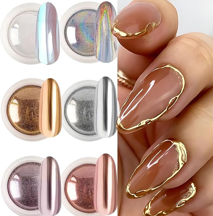 Chrome Nail Powder Set, 6 Colors Metallic Gold Silver Rose Pink White Mirror Nail Powder, Holographic Aurora Nail Glitter Pigment Nail Decoration