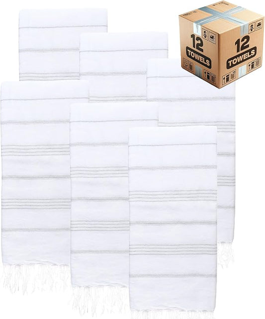 Turkish Beach Towels, Bulk Case of 12 | Oversized, Quick Dry, Sand Free | 100% Cotton, Large 38x71 Towels for Beach, Pool, Travel | Ultra-Soft, Compact, Absorbent | White