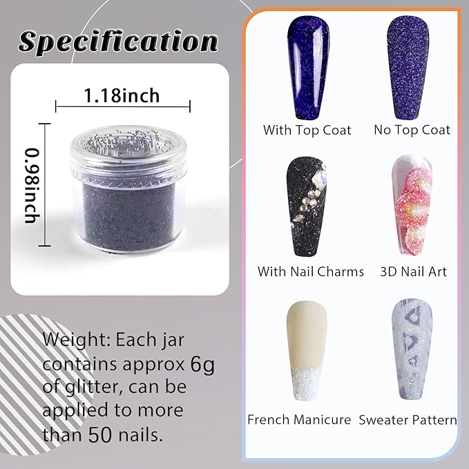 Laza 12 Colors Nail Glitter Powder Shining Sugar Effect Glitter Black White Dust Sand Powder Candy Coat Manicure Nail Art Decoration for Nail Art Tips Decoration DIY Crafts