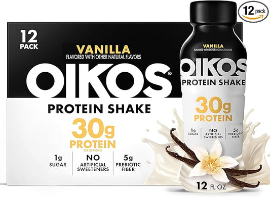Oikos Protein Shake, Vanilla, 30g High Protein Drinks, Shelf Stable, Ready to Drink, 5g Prebiotic Fiber, 12 fl oz Bottle, 12 Count