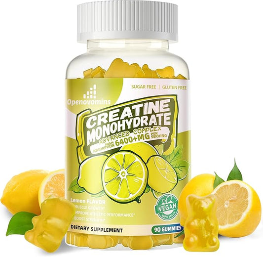 Creatine Monohydrate Gummies Complex for Men & Women -Advanced Formula W/L-Taurine + Vitamin B12, Sugar Free Chewable Supplement,90 Lemon Gummies