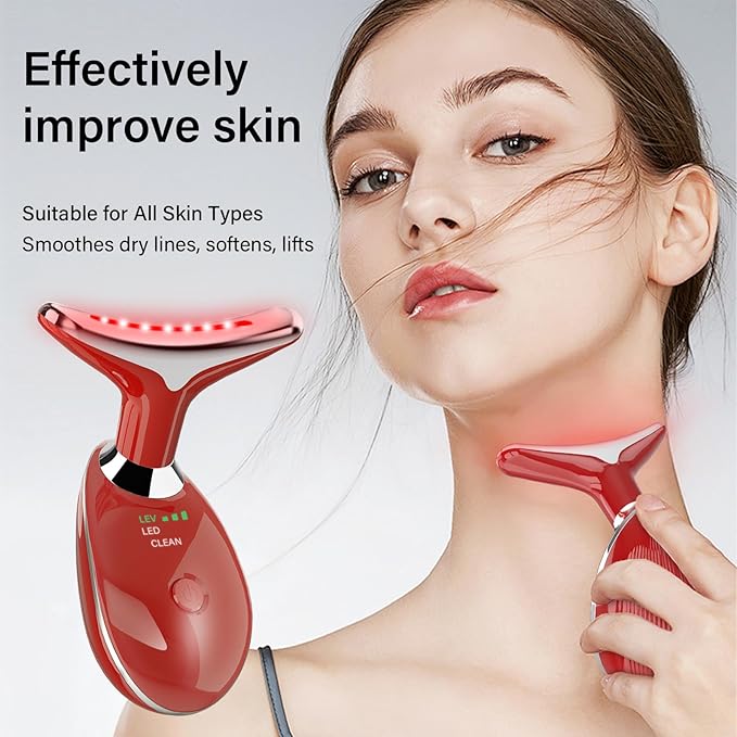Neck&Face Massager with 7 Colors-Multi-Functional Skincare Tool,Home Beauty Device for Wrinkles&Relaxation (Red)