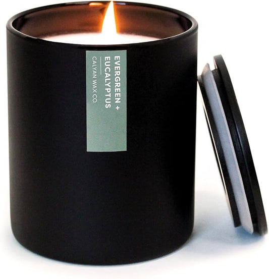 Calyan Wax Co. Soy Wax Candle, Evergreen + Eucalyptus Scented Candle, 75 Hour Burn Time, Aromatherapy Soy Candles, Non Toxic & Vegan Soy Wax, Black Tumbler Scented Candles, 10.2oz