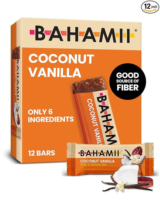 Bahamii Almond Nut & Date Bars - Coconut Vanilla, 12 Pack, Only 6 Ingredients, Soft & Delicious Snack Bar with Almonds, Dates, Organic Coconut, Vanilla, Sea Salt, Diabetic Snacks, Gluten Free, Vegan