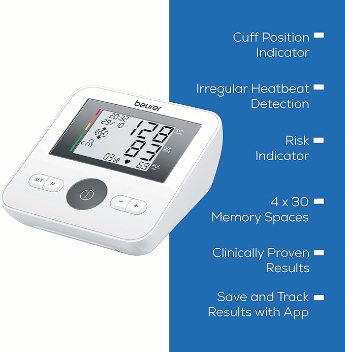 Beurer BM27 Upper Arm Blood Pressure Monitor for Home Use with Adjustable Cuff, Data Transfer to Apple Health and co., 120 Memory Sets, Irregular Heart Rate Detection, Risk Indicator